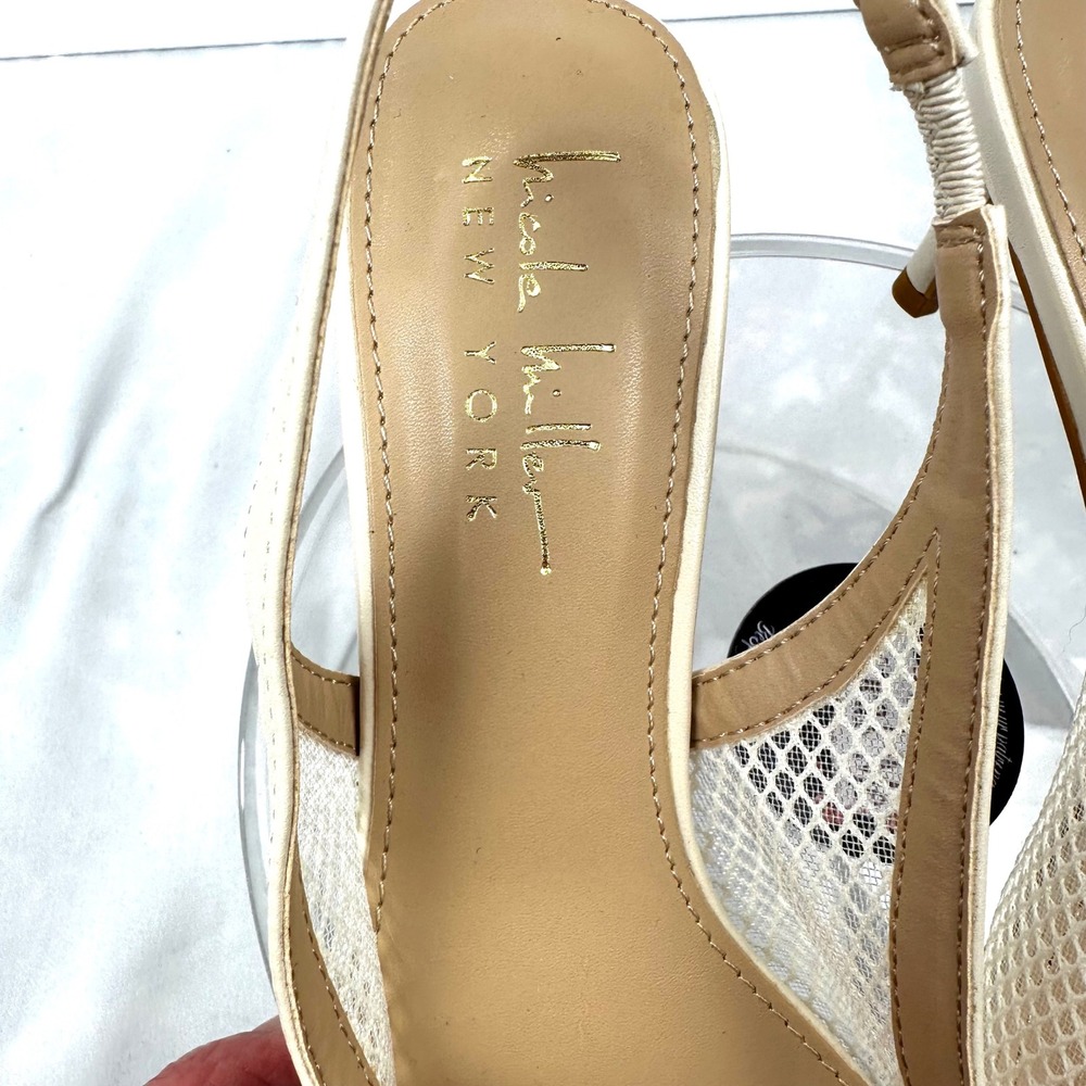 Nicole Miller New York Pearl Mesh Slingback Pump Womens 8 Cream Pointed Toe Heel - Picture 2 of 14